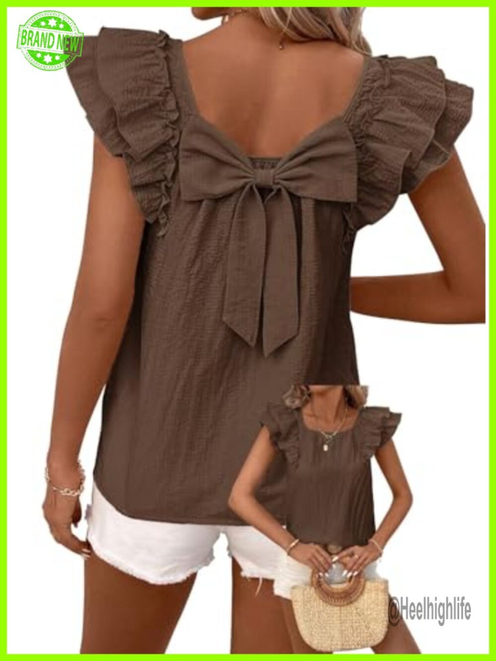 Womens Babydoll Bow Tie Back Blouse Ruffle Short Sleeve Vneck Top